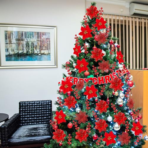 Sggvecsy 30 Pcs 3 Styles Christmas Glitter Poinsettia Flowers Artificial Berry Picks Christmas Tree Ornaments Artificial Christmas Flowers with Clips for Xmas Wedding Wreath Floral Decorations(Red) - color: Red