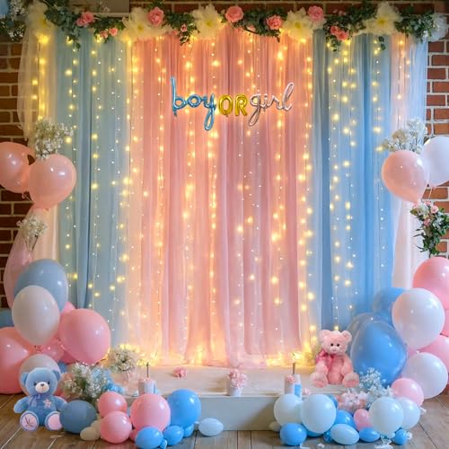Pink Blue Sheer Tulle Backdrop Curtains with Lights String for Gender Reveal Baby Shower Decorations for Boy or Girl Birthday Party Photo Shoot Backdrop Background Decorations 2 Panels 5×8ft - color: Pink and Blue, size: 10 ft X 8 ft(2 Panels 5ft X 8ft)