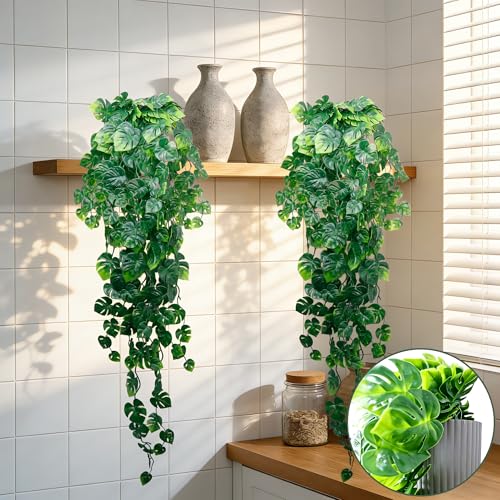 Artificial Hanging Plants for Shelf, 2-Pack Fake Potted Greenery Faux Monstera Leaves Vines in Black Pot, Décor for Office Living Room Bathroom Indoor Outdoor - color: 2-pack Monstera Leaves Vines