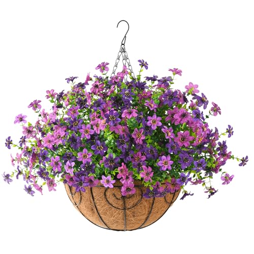 Artificial Flowers Hanging Baskets, Multicolor 12 Bundles Faux Flower Outdoor Hanging Basket Spring Summer Decoration, Fake Flowers Plants for Porch Patio Balcony Home Yard Decor(Two purples) - color: Two Shades of Purple