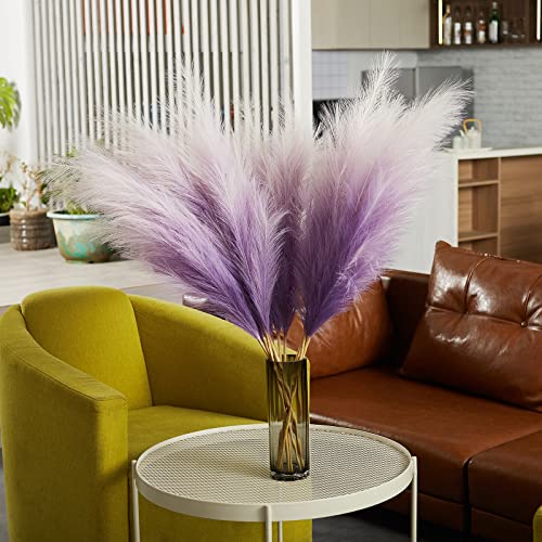 Faux Pampas Grass Decor, 6 Stems Artificial Pampas Grass - 43 inch Tall Pompass Grass Large Pompous Boho Flower Arrangement Home Decor for Room Wedding Party - color: Gradient-purple