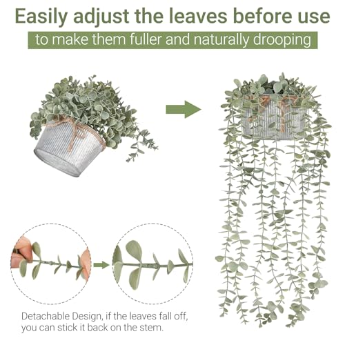 Mkono Fake Hanging Plants in Farmhouse Galvanized Pots Rustic Faux Potted Eucalyptus Greenery Indoor Artificial Plants for Book Shelf Mantel Living Room Bathroom Bedroom Home Office Decor (1, Grey) - color: Grey
