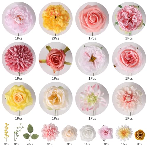 Kisflower Flowers Artificial Combo Cake Flowers Decorations Fake for DIY Wedding Bridal Bouquet Centerpieces Arrangements (Pink Yellow) - color: Pink Yellow