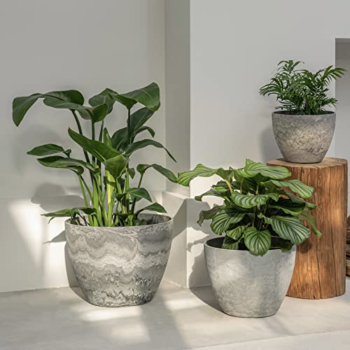 LA JOLIE MUSE 14.2/11.3/8.6 Inch Round Planter,Indoor/Outdoor Large Planters Set of 3,Grey Plant Container with Drain Holes,Tree Flower Plant Pots for Patio and Deck