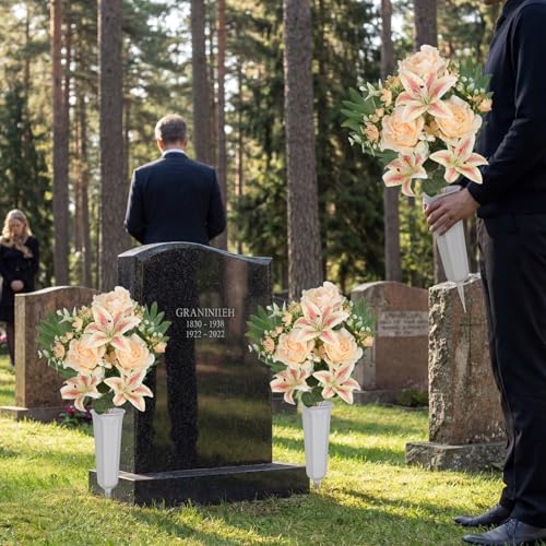2Sets Artificial Cemetery Flowers with Cemetery Vase Artificial Rose Lily Memorial Graveyard Bouquets for Memorial Day Cemetery Headstones Outdoor Grave Decorations(Champagne) - color: Champange