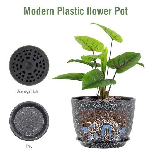 Meowell 12 inch Big Plant Pots, Plastic Planters with Drainage Holes and Trays, Large Flower Pots for Indoor Outdoor Plants, Modern Decorative Pots for Garden House Plants, Speckled Black - color: Speckled Black, size: 12inch C