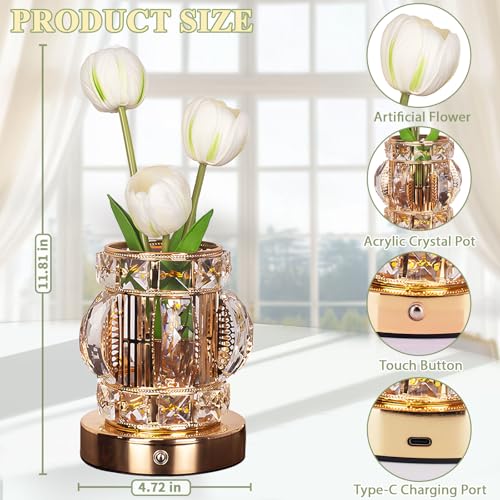Tulip Table Lamp, Rechargeable Cordless Touch Dimming Artificial Tulip Flower Desk Lamp, LED Crystal Lamp Flower Bedside Night Light, Romantic Gifts for Girl Women Mom (White - Tulip) - color: White - Tulip