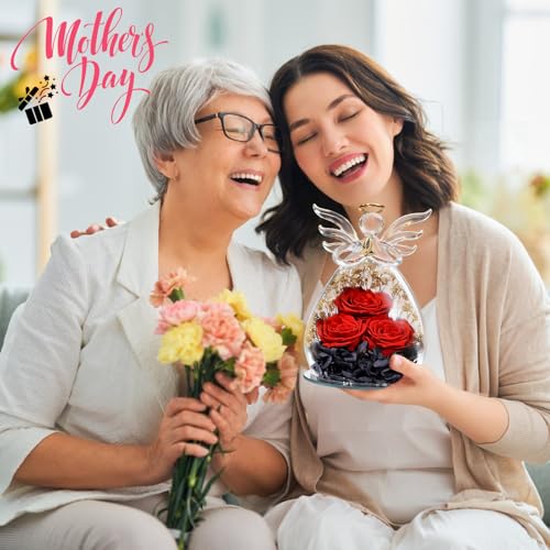 Beferr Gifts for Mom Birthday Gifts for Women, Fresh Flowers for Delivery Forever Preserved Rose in Glass Angel Figurine, Anniversary Christian Real Rose for Grandma Wife Mother from Daughter Son - color: M Arg-black & Red
