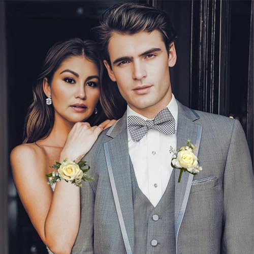 White Ivory Corsage and Boutonniere Set for Bride Groom, Artificial Rose Flowers Wrist Corsage Bracelets Homecoming Flower Prom Suit Accessories Boutonniere for Wedding Prom Party Decorations - color: White