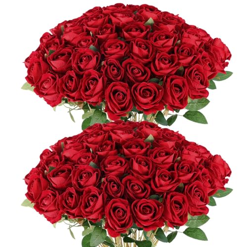 Hananona 50 Artificial Roses in Bulk, Fake Velvet Silk Burgundy Roses Realistic Red Roses for Wedding Centerpieces Flower Arrangement Home Decor (50, Burgundy) - color: Burgundy
