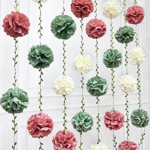Sage Green Dusty Rose Pink Beige Tissue Paper Flowers Pom Pom with Leaf Ribbon Hanging Garland Streamer for Girl Safari Woodland Jungle Baby Shower Birthday Wedding Garden Party Decorations Supplies - color: Dusty Pink Green
