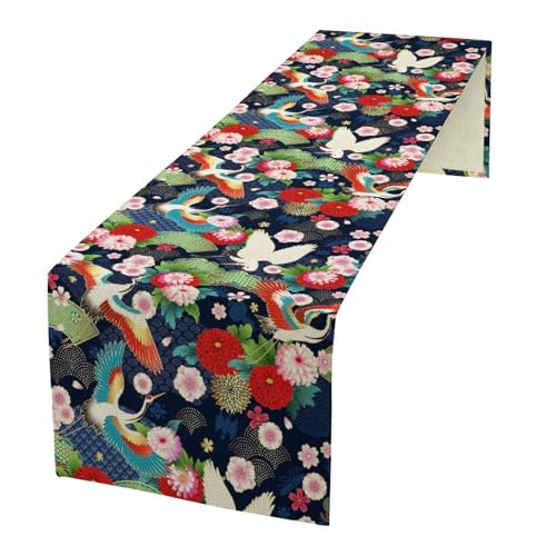 Japanese Crane Table Runner, Cherry Blossom Asian Pine Tree Spring Floral Japanese Background Table Runner for Home Kitchen Dining Patio Indoor Outdoor 13x36in - color: Aisa-8, size: 13x36in