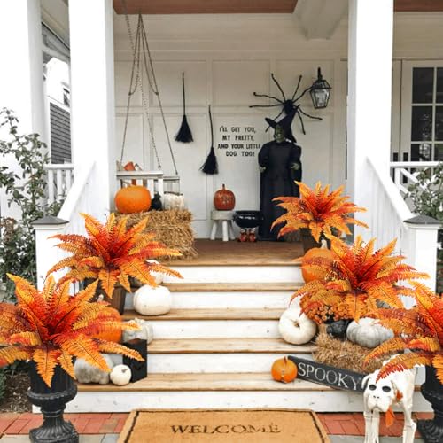 Dremisland Artificial Fall Plants Artificial Fall Ferns for Outdoors, Set of 2 Bouquets 25.5" Diam Fake Ferns Artificial Boston Fern Fake Plant Shrubs for Autumn Halloween Garden Fall Porch Decor - color: Fall-2pcs