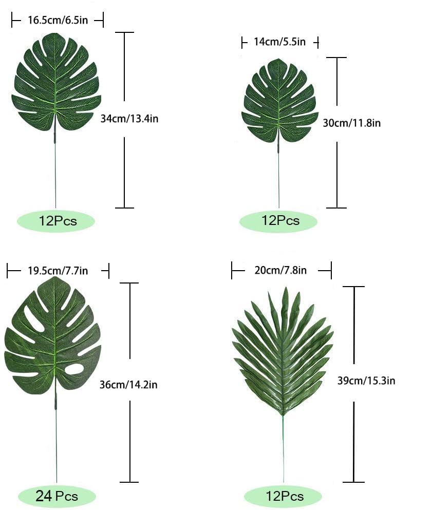 60 Pieces 4 Kinds Artificial Palm Leaves with Faux Stems Tropical Plant Leaves Monstera Leaves Safari Leaves for Hawaiian Luau Party Jungle Beach Table Leave Decorations