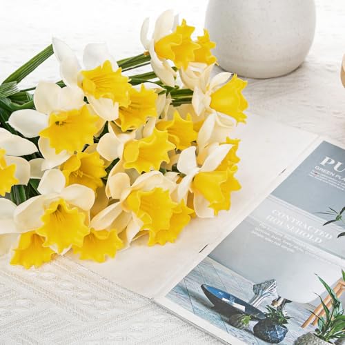 3 Bundles Daffodils Artificial Flowers, 15" Faux Daffodils with 21 Flower Heads, Real Touch Fake Spring Flower White & Yellow Decorative Flowers Bouquet for Home Wedding Centerpieces Vases Arrangement - color: White, size: 3 Bundles-15 Inch