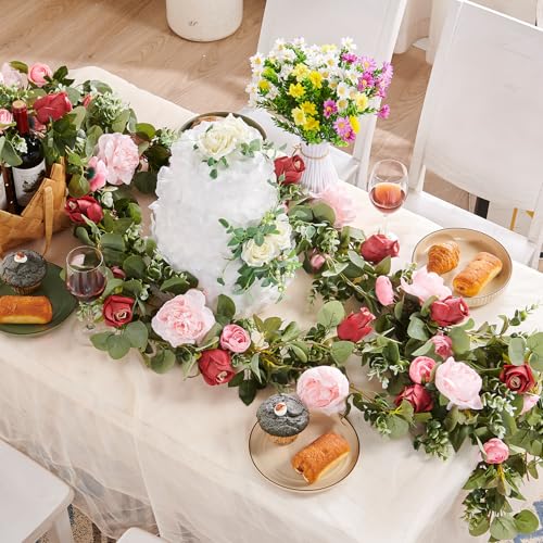 PONKING Flower Garland Artificial Rose Vine Flowers Hanging Fake Roses Vines for Wedding Birthday Party Valentines Christmas Room Wall Arch Decor, 2 Pink & 1 Red Floral Garland Decorations - color: Huge Flower Pink Vines 5.4ft
