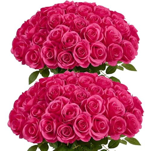 60 PCS Fake Hot Pink Roses Artificial Flowers Bulk Realistic Silk Faux Rose with Stems for Wedding Decoration Anniversary Bridal Bouquet DIY Floral Arrangement Romantic Home Decor Gifts - color: Hot Pink