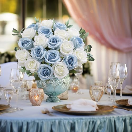 20PCS Artificial Roses with Long Stems - Realistic Silk Flowers, Fake Roses Real Touch Bouquet Roses for Home Decor, Bridal Wedding Table Centerpieces, Faux Rose Flowers (White&Sky Blue) - color: White&sky Blue, size: 20 PCS