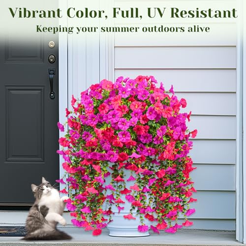 Dolicer 2 Packs Look Real Artificial Flowers for Outdoors, Fake Artificial Hanging Flowers for Outdoors Realistic UV Resistant Faux Hanging Flowers Silk Petunia for Porch Patio (Fuchsia+Rose Red) - color: Fuchsia+rose Red, size: 2 packs