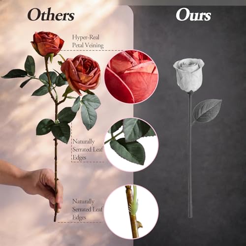 20pcs Faux Roses Silk Fake Rose Flowers with Stems Real Look Valentines Floral Artificial Rose Bouquet Decorations for Wedding Anniversary Arrangement (Brick Red) - color: Brick Red
