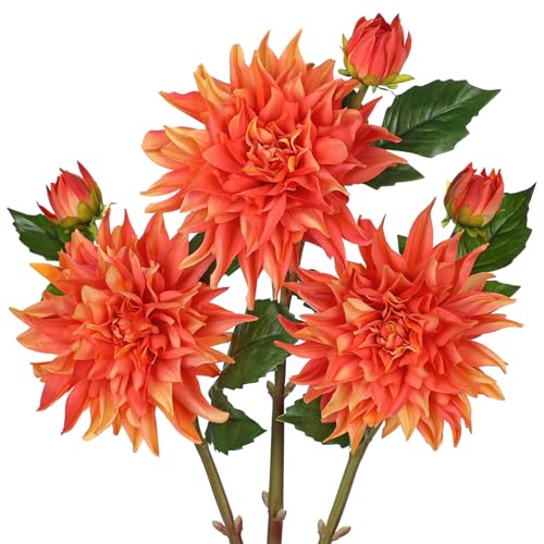 Artificial Dahlia Flowers – Set of 3 | 27.9" Tall Real-Touch Silk Dahlia Stems with Large 6.1" Blooms | Lifelike Orange Faux Flowers for Home Decor, Wedding, Centerpieces & Floral Arrangements - color: Orange