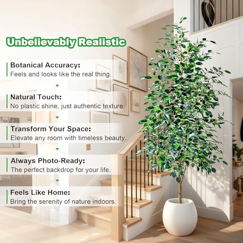 Bailikang 8FT Artificial Ficus Trees Indoor Faux Trees Indoor Fake Floor Plants Tall Artificial Tree with White Pot Faux Tree Fake Indoor Tree Silk Plants Artificial Trees for Home Decor Indoor - color: Green Leaf With White Pot, size: 8ft
