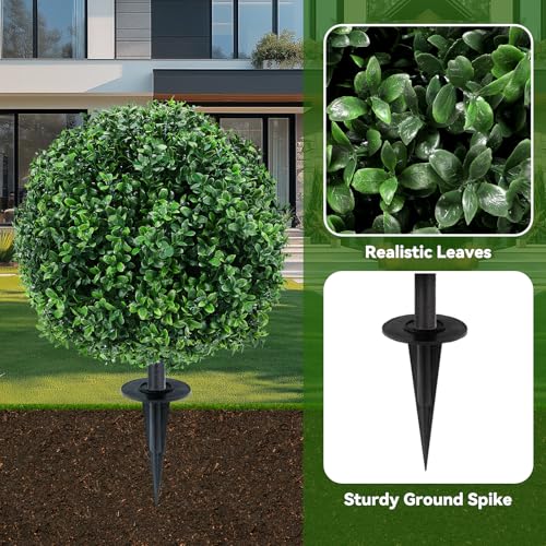 Artificial Boxwood Topiary Ball Trees with Ground Spikes UV Resistant Faux Greenery Shrubs Fake Shrubs for Outdoors, Realistic Faux Plants Bushes for Garden Porch Yard Patio Decor (Green Boxwood) - color: Green Boxwood