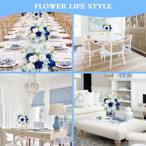 14.57" Blue and White Artificial Flowers Bouquets Fake Silk Roses and Lily Flower Faux Floral Arrangements for Bride Wedding Reception Home Decor Indoor