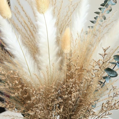 17 Inch Beige & White Dried Grass Bouquet, White Reed, Green Eucalyptus and Natural Love Grass for Spring Home Decor, Minimalist Boho Styling,Table Display and Holiday Decor - color: 70pcs Pampas Grass