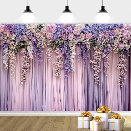 5x4ft Purple Flower Wedding Photography Backdrop Lavender Floral Wedding Bridal Photography Backdrop Anniversary Birthday Baby Shower Girl Party Banner Photo Booth Props Background Wall Decor - color: Multi2, size: 5X4FT