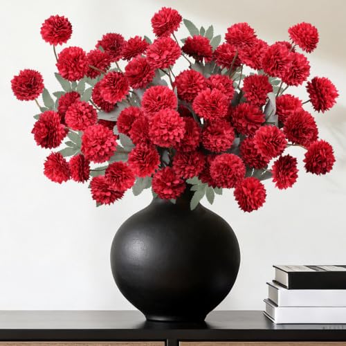 INQCMY Artificial Flowers 12 Pcs Fake Chrysanthemums Faux Kiku Flower Long Stem 20" Realistic Silk Pompon Mums for Vase Wedding Bouquets Centerpieces Home Decor (Red) - color: Red
