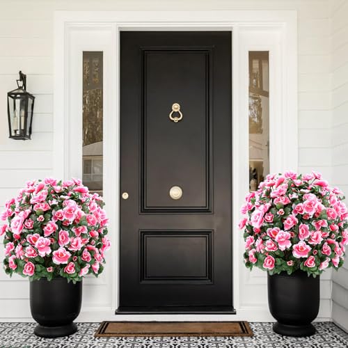 ENVEN Artificial Boxwood Topiary Ball Trees with Ground Spikes UV Resistant Faux Greenery Shrubs Fake Shrubs for Outdoors, Realistic Faux Plants Bushes for Garden Porch Yard Patio Decor (Pink) - color: Pink