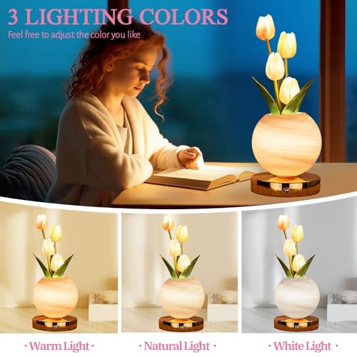 Tulip Table Lamp, Rechargeable Cordless Touch Dimming Artificial Tulip Flower Desk Lamp, LED Flower Bedside Night Light Romantic Gifts for Girl Women Mom (Pink) - color: Pink