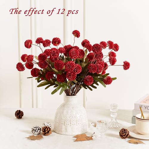 SITUMEIZI Red Faux Silk Pompon Mum Artificial Red Flowers Fake Mini Chrysanthemum Flowers Mums 6Pcs for Christmas Home Party Wedding Decorations - color: Red