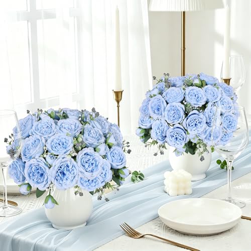 Artificial Peonies Silk Flowers, Faux Peony Bouquet 2 Bundles Florals Arrangements Decor for Farmhouse Home Wedding Table Centerpiece, Fake Plastic Flowers Bulk for Vase Decoration (Light Blue, 2PCS) - color: Light Blue, size: 2PCS