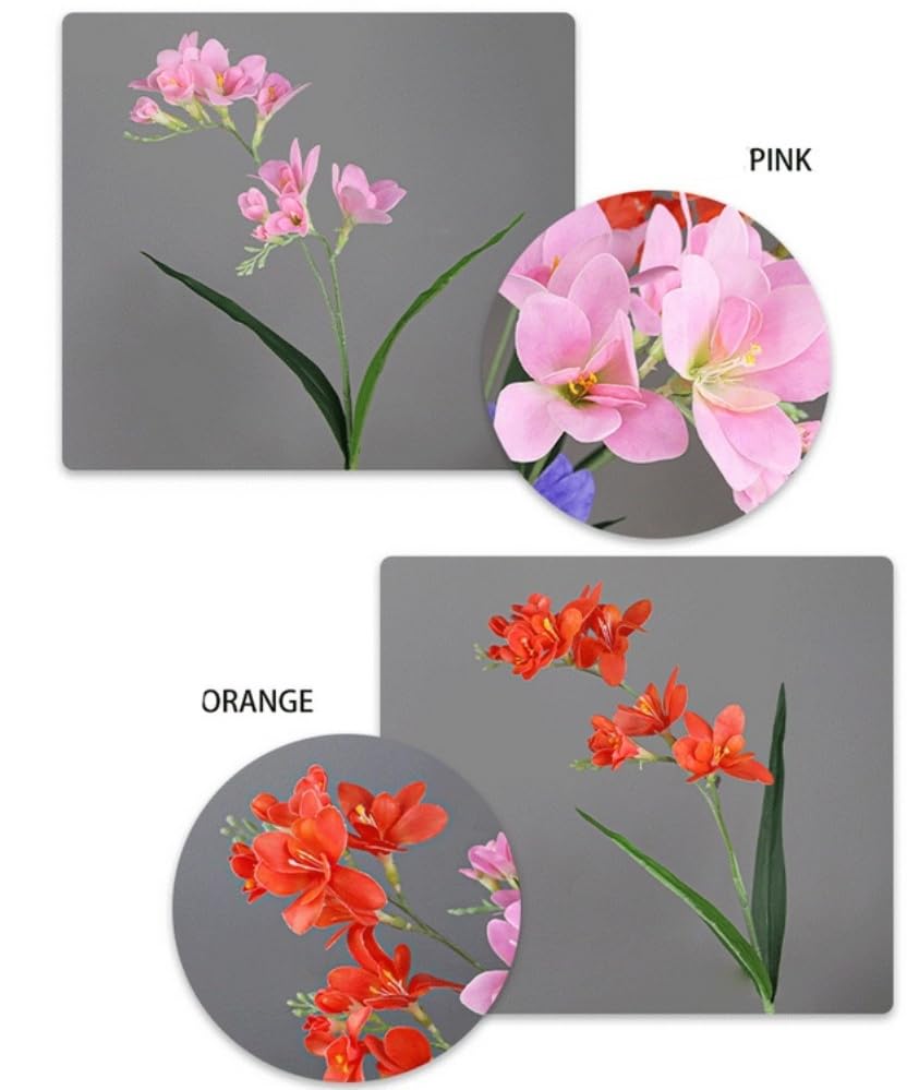 4pcs Freesias Flowers Artificial with Long Stem,24"Real Touch Dendrobium Plants Fake Orchid Leaves,Faux Larkspur Flowers for Outdoor Table Garden Party Wedding Bouquet Fillers,Patio Decor (Orange) - color: Orange