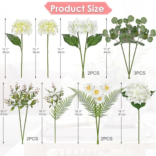 Hydrangea Artificial Flowers, 12PCS Mixed White Faux Flowers with Hydrangea & Daisies, Up to 17.3 Inch Long Silk Fake Flowers for Vase DIY Wedding Bouquet Party Centerpieces Arrangement Home Decor - color: Hydrangea, White