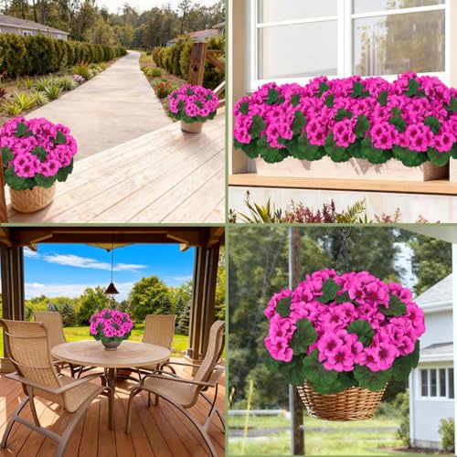 8 Pcs Artificial Geraniums Flowers for Outdoor Spring Summer Decor UV-Resistant & Realistic Silk Faux Plants for Garden Porch Patio Yard Balcony Home Kitchen Table Decoration, Rose Pink - color: Rose Pink
