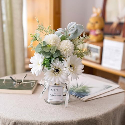 LADADA White Artificial Daisy Flower Set Glass Vase Table Centerpiece Home Decor - color: Milky White