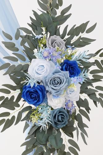 Deluxe Wedding Arch Flowers with Drapes Kit Pack of 4, 2pcs Blue & Grey Hanging Silk Flowers Arrangement 2pcs Chiffon Drapes for Ceremony Arbor Party Outdoor Decor - color: Blue & Grey