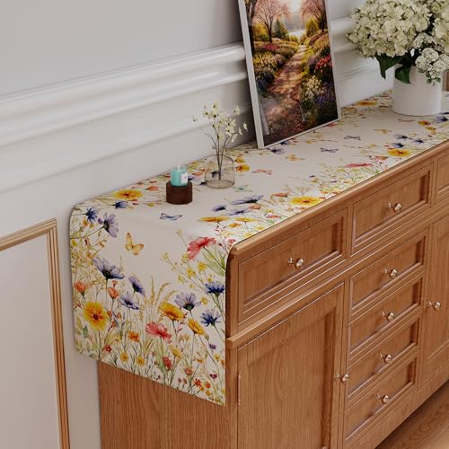 Sprin Table Runner, Colorful Wild Flower Butterfly Floral Spring Runner for Table Watercolor Seasonal Summer Holiday Home Party Decor Kitchen Dining Table Decorations 13x120 Inch - size: 13'' x 120''