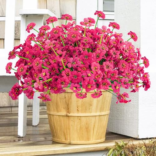 Krissing 48 Bundles Outdoor Artificial Flowers UV Resistant Fake Silk Flowers Faux Plastic Plants Outside Garden Porch Window Box Summer Decoration (Rose Red) - color: Rose Red