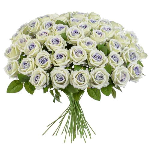 Artificial Flowers Roses Touch Fake Rose Bouquet Flower Stem for Wedding Centerpieces DIY Wreath Home Decorations Silk Roses Mothers Party Fake Outdoor Flowers Decor (Purple Heart 50PCS) - color: Purple Heart 50pcs