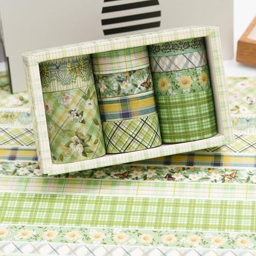 10 Rolls Vintage Floral Washi Tape Set Pastel Plaid Arts Adhesive Tapes Soft Colors Decorative Masking Tape Sets for Craft, Kids, Scrapbook, DIY, Gift Wrapping (Green Garden) - color: Green Garden