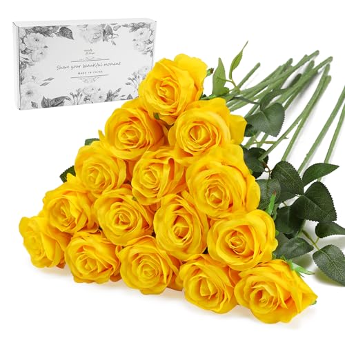 Yellow Fake Roses Artificial Flowers - 16 Pcs Fake Artificial Roses Silk Flowers with Stems for Home Wedding Hotel Office Centerpiece Decor - color: Yellow, size: 16 Pcs