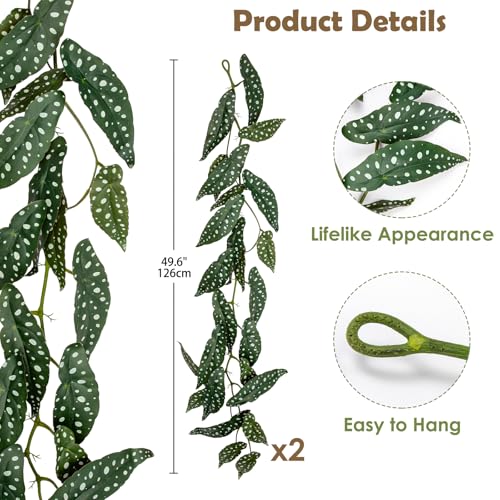 2Pcs Artificial Begonia Leaves Vines 4ft Fake Hanging Plant Ivy Vines Greenery Garland Faux Tropical Vine Decor for Wall Jungle Luau Beach Birthday Party Indoor Outdoor Home Décor - color: Begonia