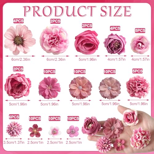 rongflower Faux Flower Heads Mini Rose Red Artificial Flower Heads Fake Peony Daisy Rose Flowers Multicolor Small Silk Daisy Flower Heads for Craft Garland Wedding Party DIY Home Decoration,2-4 cm - color: Rose Red