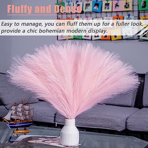 10 Stems Pink Pampas Grass Decor - 17.7" Faux Pampas Grass Artificial Fluffy Small Flower Arrangement and Vase Filler for Boho Home Wedding Mothers Day Decoration - color: Pink