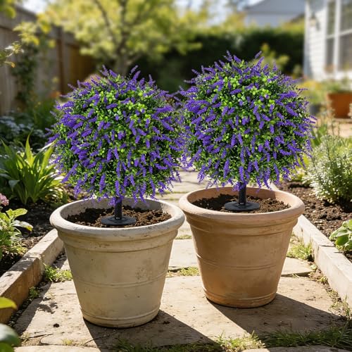 Bdor 25" Artificial Lavender Topiary Ball Trees with Ground Stake, Faux Potted Plants Purple Lavender Set of 2, Outdoor Fake Flower Bushes, UV Resistant for Home Lawn and Front Porch Garden Decor - style: Lavender