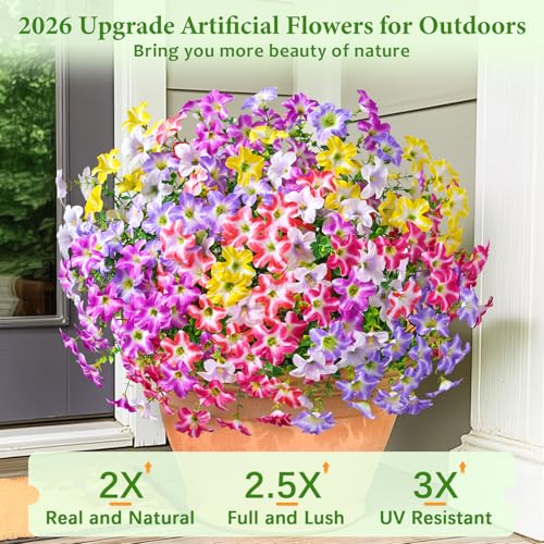 MARTINE MALL 24 Bundles Look Real Artificial Flowers for Outdoors, Realistic Fake Outdoor Flowers, UV Resistant Silk Petunia Flowers for Outside Faux Flowers for Outdoor Garden, Mixed Color - color: Mixed Color-a, size: 24 Bundles